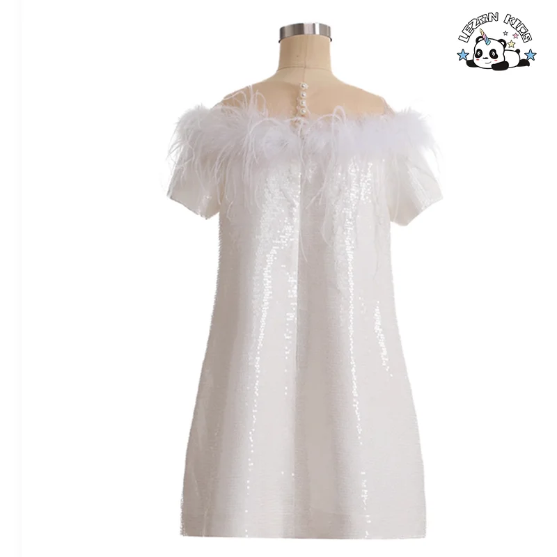 LEZONKIDS - Short Sleeved Sequin Dress feather decoration kids dress off-Shoulder party girls dress